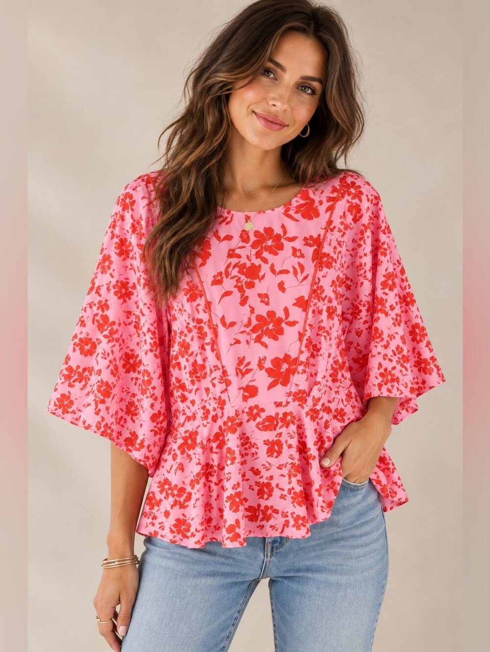 UMGEE PINK RED FLORAL PEPLUM BLOUSE FLUTTER SLEEVE BOHO TOP MEDIUM NWT